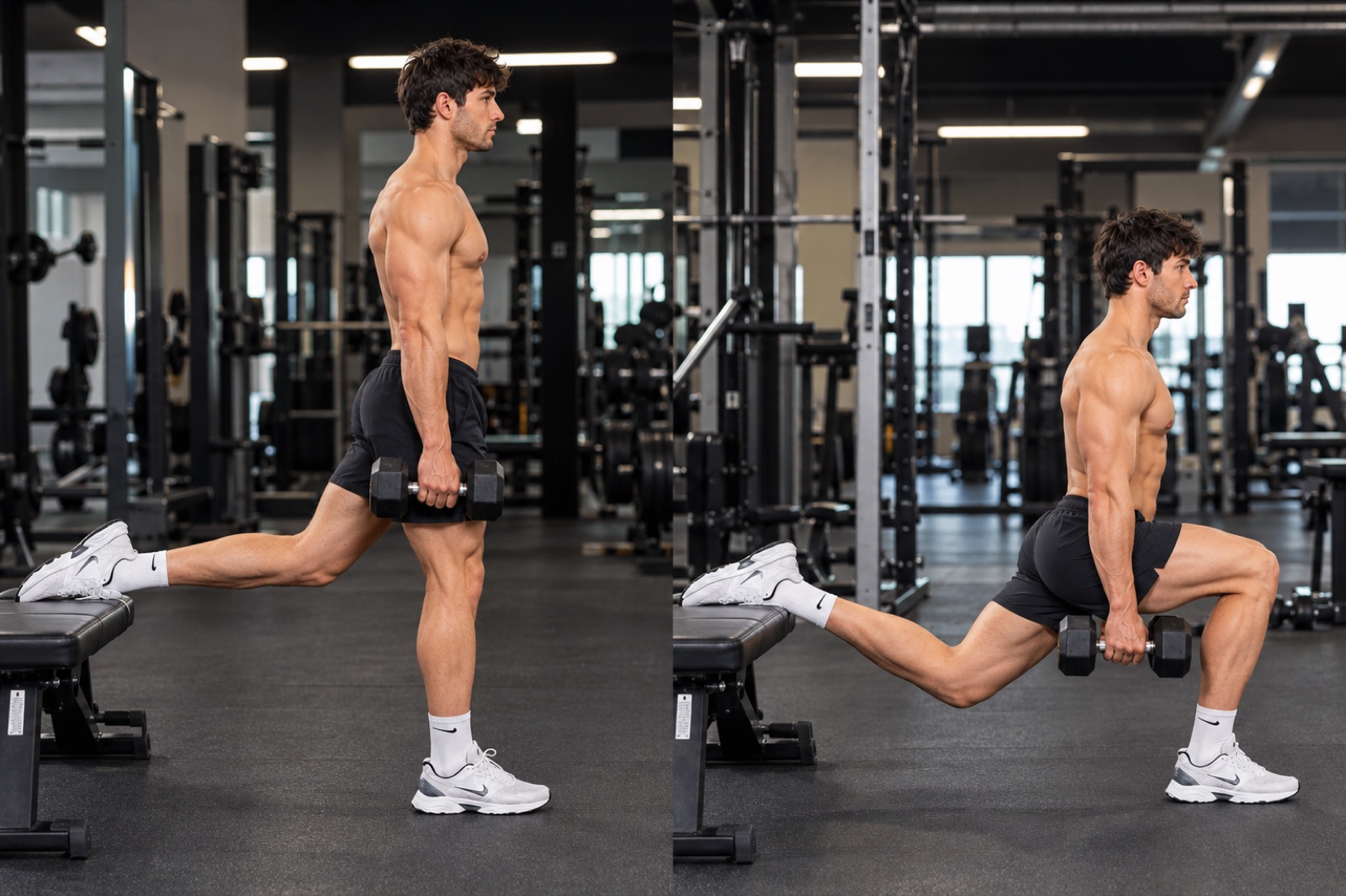 Bulgarian split squat — esecuzione corretta, vista laterale