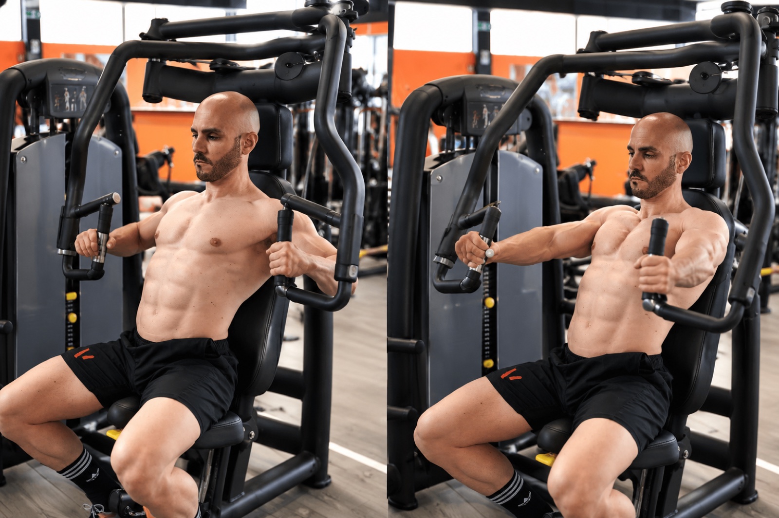Chest press — esecuzione corretta, vista laterale